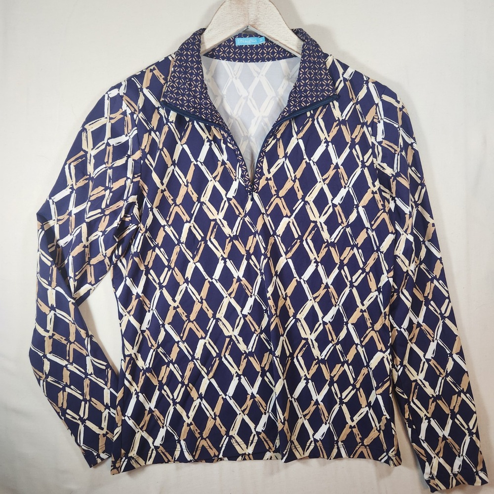 J.McLaughlin Navy Geometric Diamond Print Half Zip Long Sleeve Top Medium
